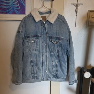 American Eagle Outfitters Denim Jacket with Cream Sherpa Collar